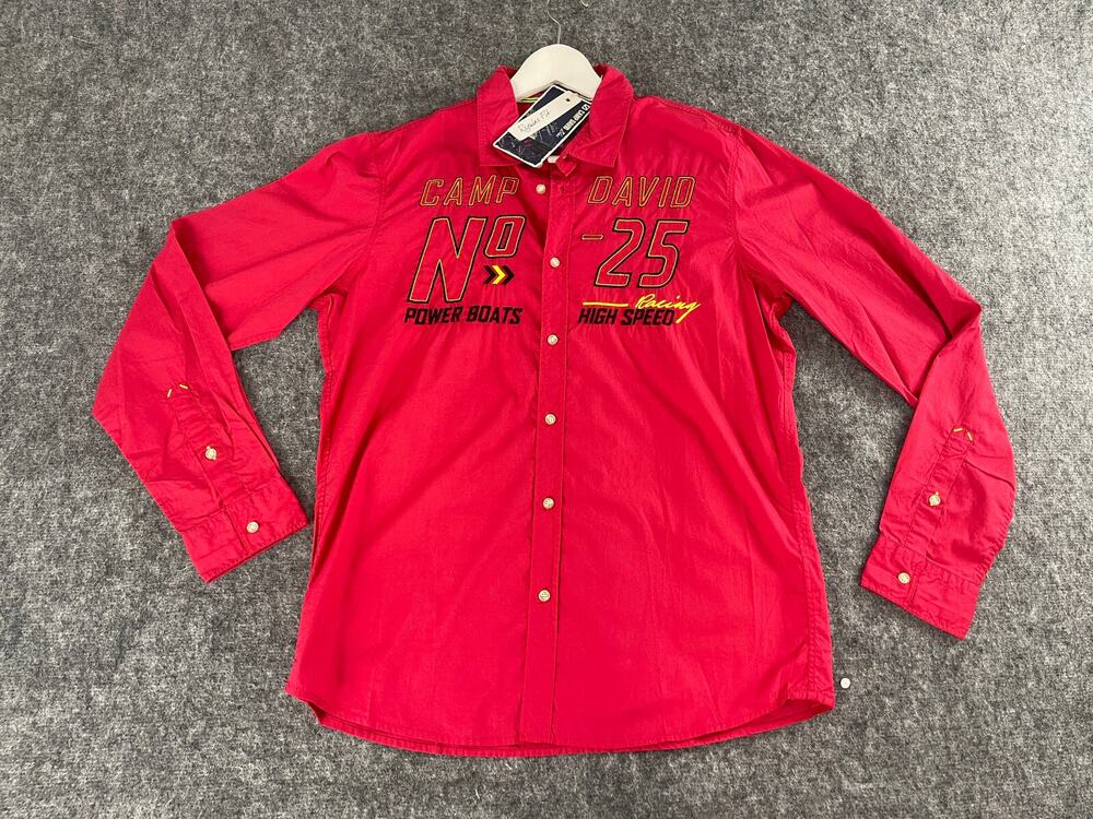 Camp David Shirt Mens Large Button Up Embroidered Red Long Sleeve N249